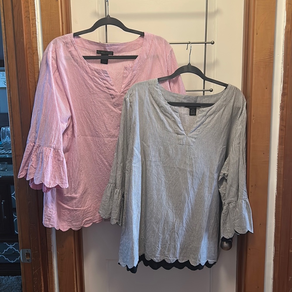 Striped Prestwick & Moore Tunic with ruffle detail sleeve and hem